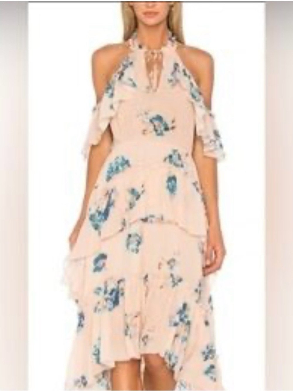 Ulla Johnson Blush Floral Cold-Shoulder Halter High-Low Silk Dress